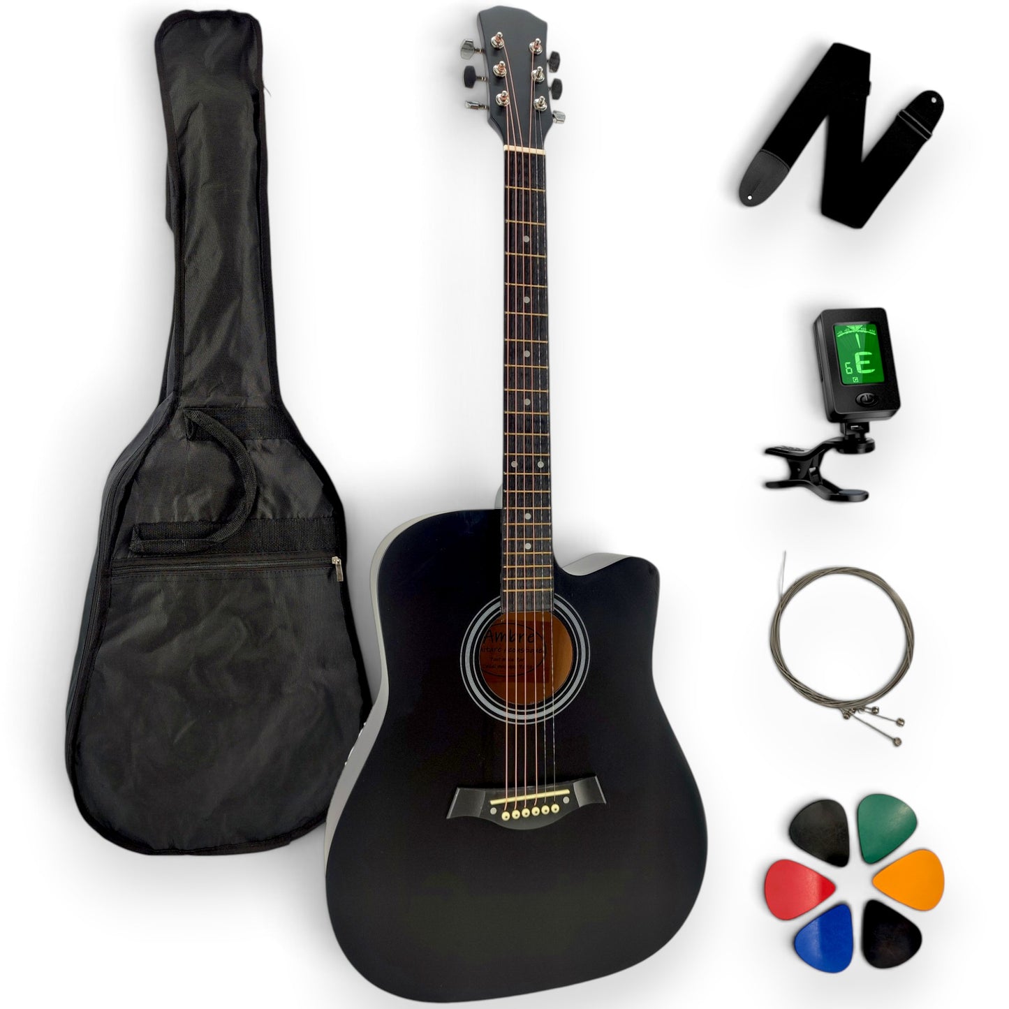 Pack guitare folk AMROVA — 6 accessoires essentiels, coloris noir