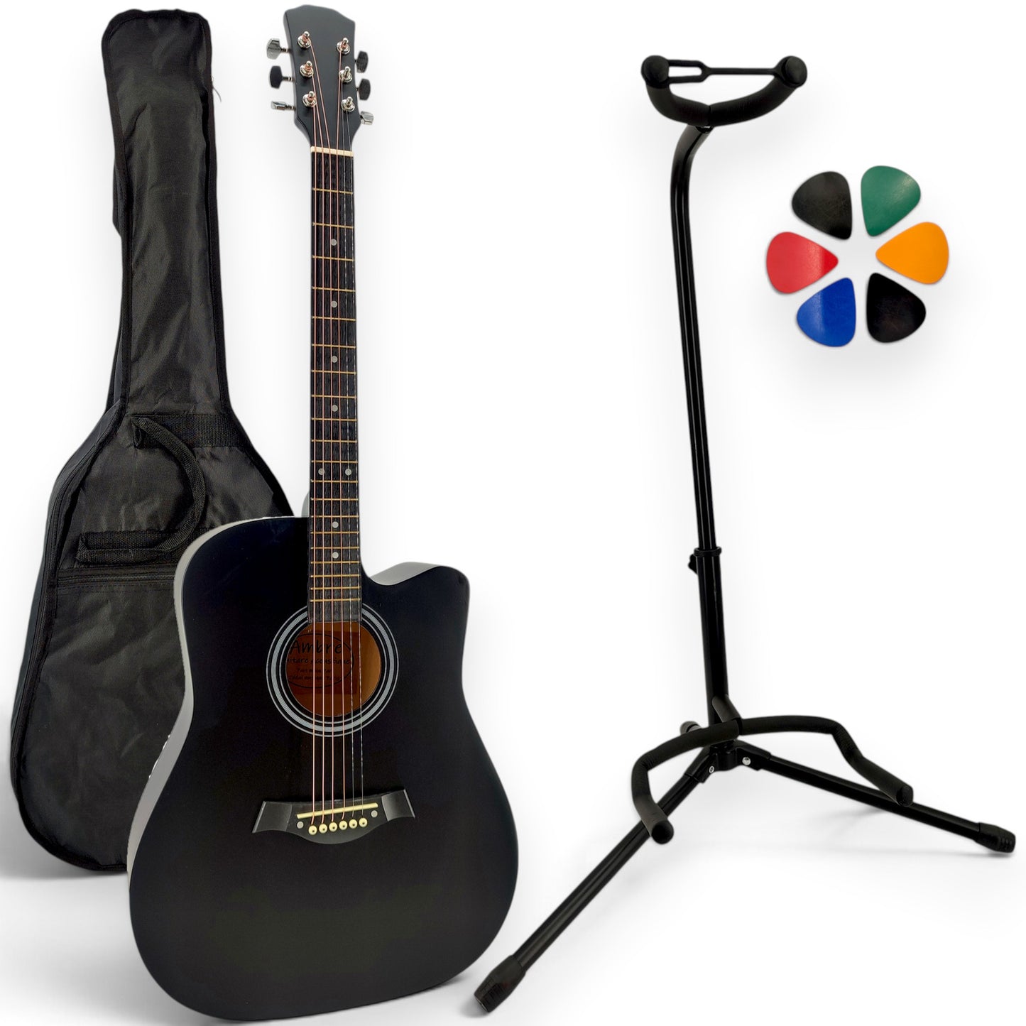 Pack guitare folk AMROVA avec housse, support au sol et 6 médiators — coloris noir