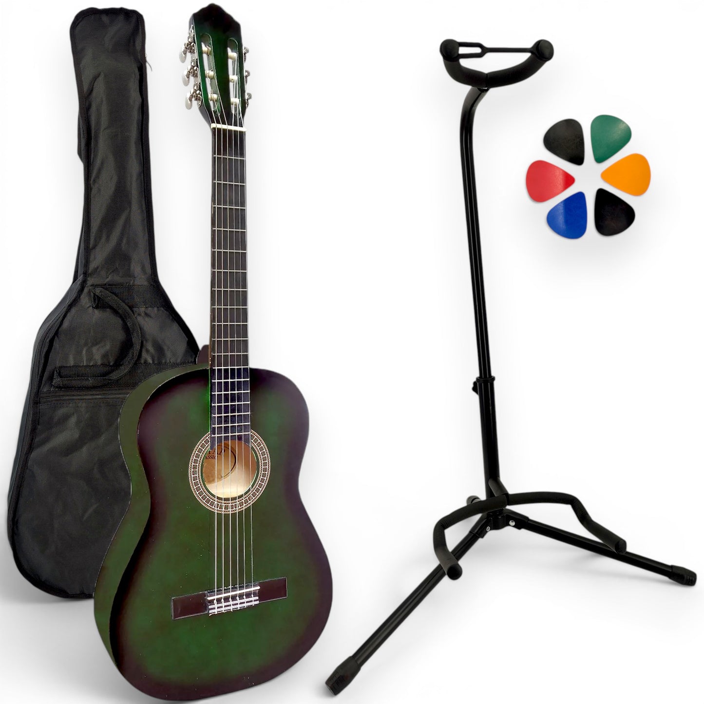 Guitare classique AMROVA avec housse et support au sol — coloris vert