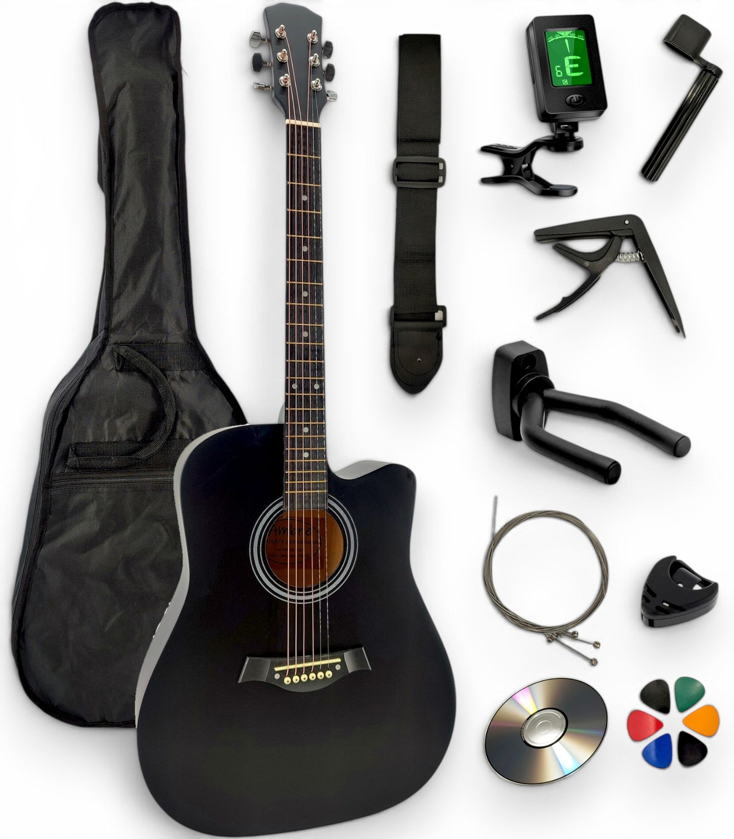 Pack guitare folk AMROVA — 11 accessoires + support mural, coloris noir