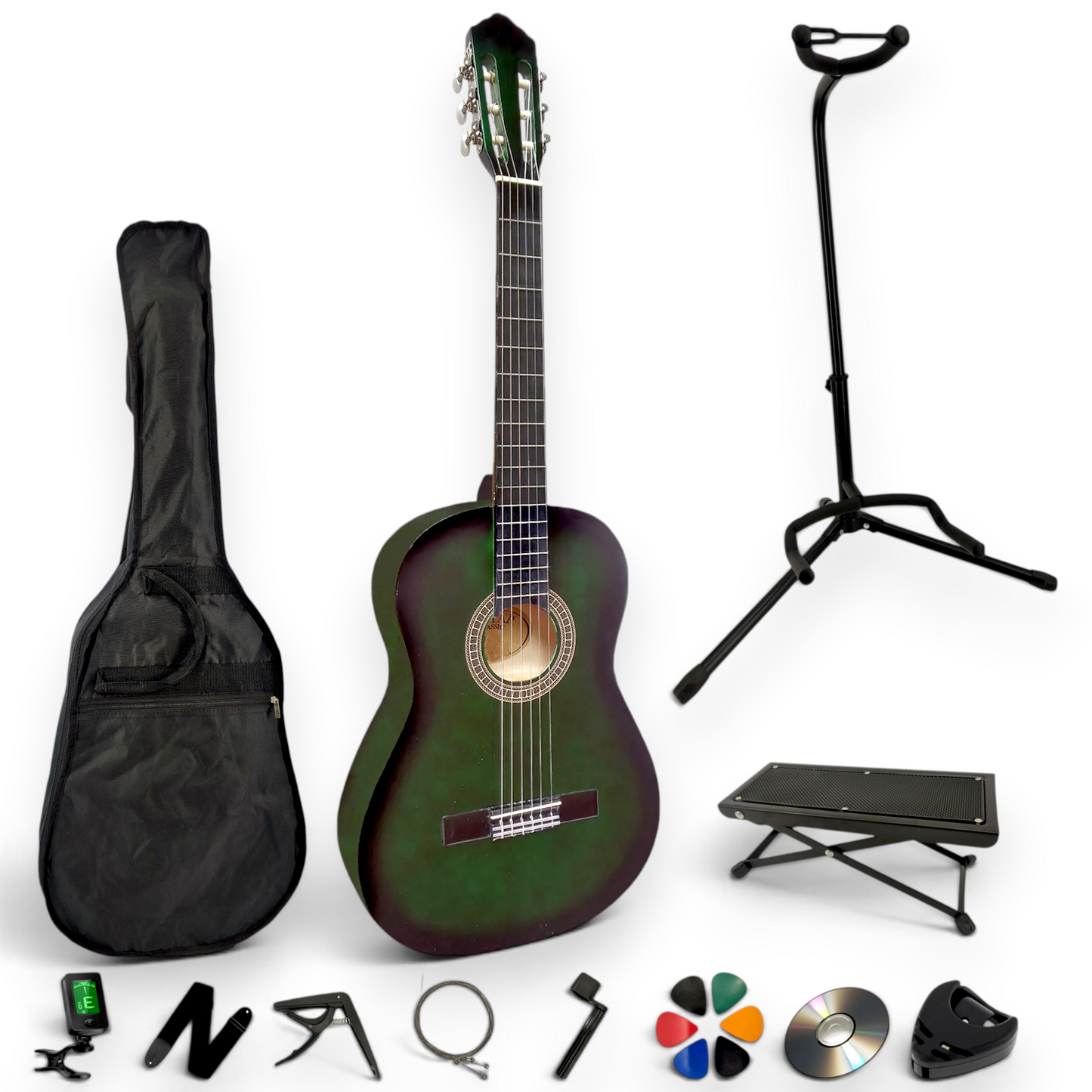 Guitare classique AMROVA — pack complet avec support au sol et repose-pied, coloris vert