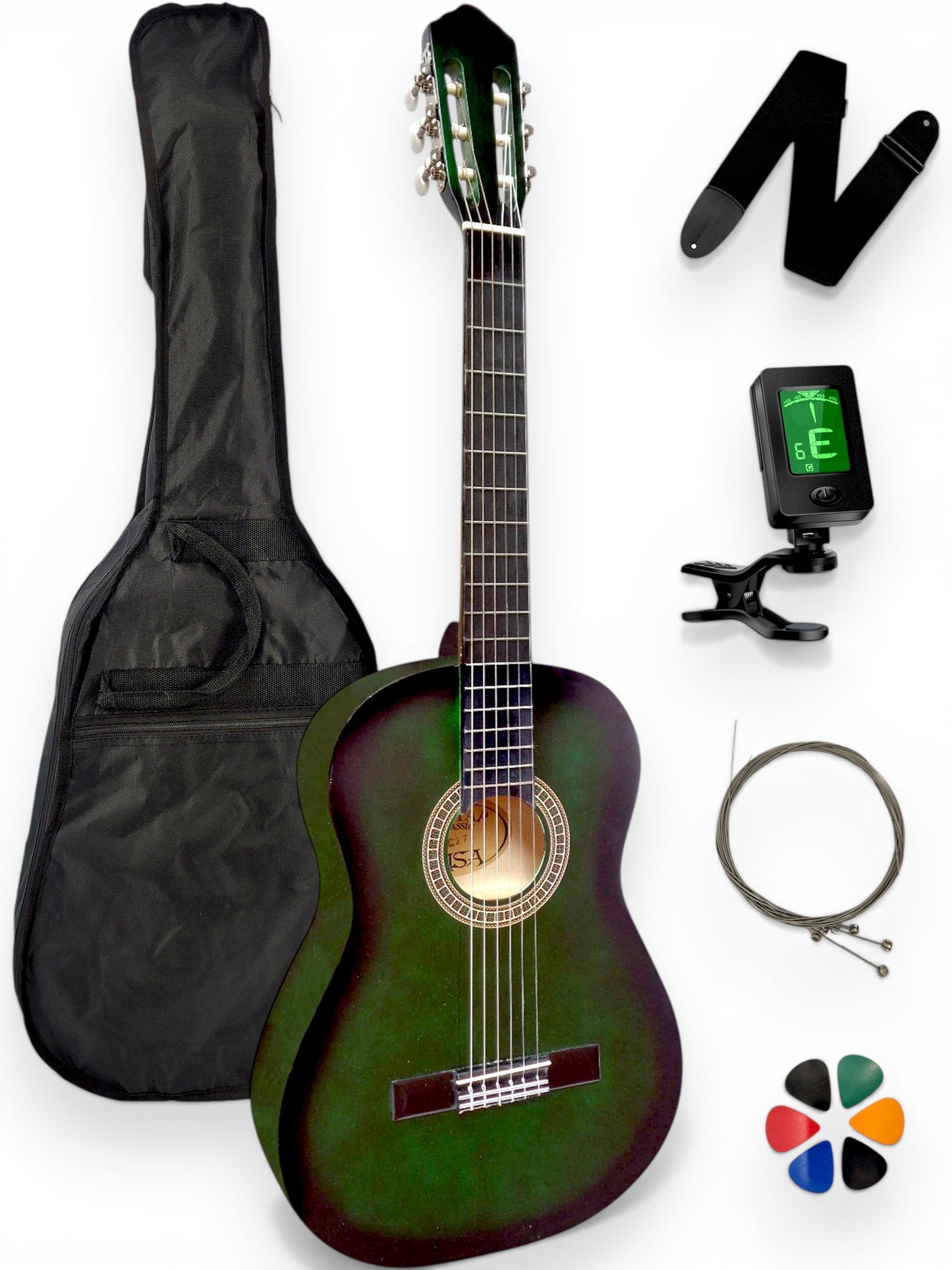 Guitare classique AMROVA — pack 6 accessoires essentiels, coloris vert