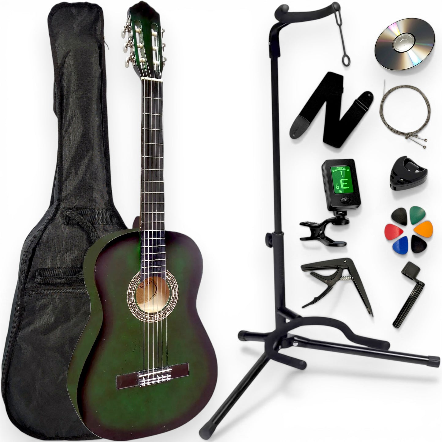 Guitare classique AMROVA — pack 11 accessoires avec support au sol, coloris vert