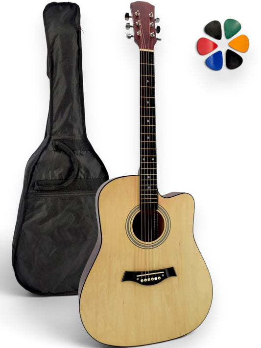 Pack guitare folk AMROVA avec housse et 6 médiators — coloris naturel