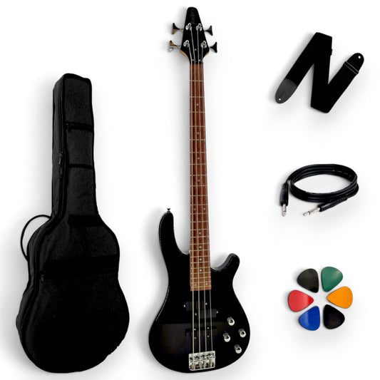 Pack basse AMROVA Essentiel — basse 4 cordes noire avec housse, sangle, câble et médiators