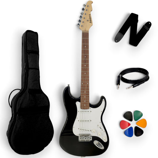 Pack guitare électrique AMROVA Essentiel (housse, sangle, câble, médiators) — coloris noir, droitier