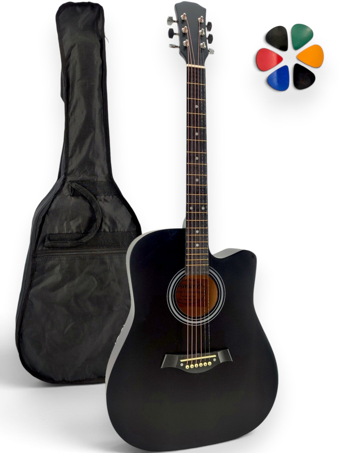 Pack guitare folk AMROVA avec housse et 6 médiators — coloris noir