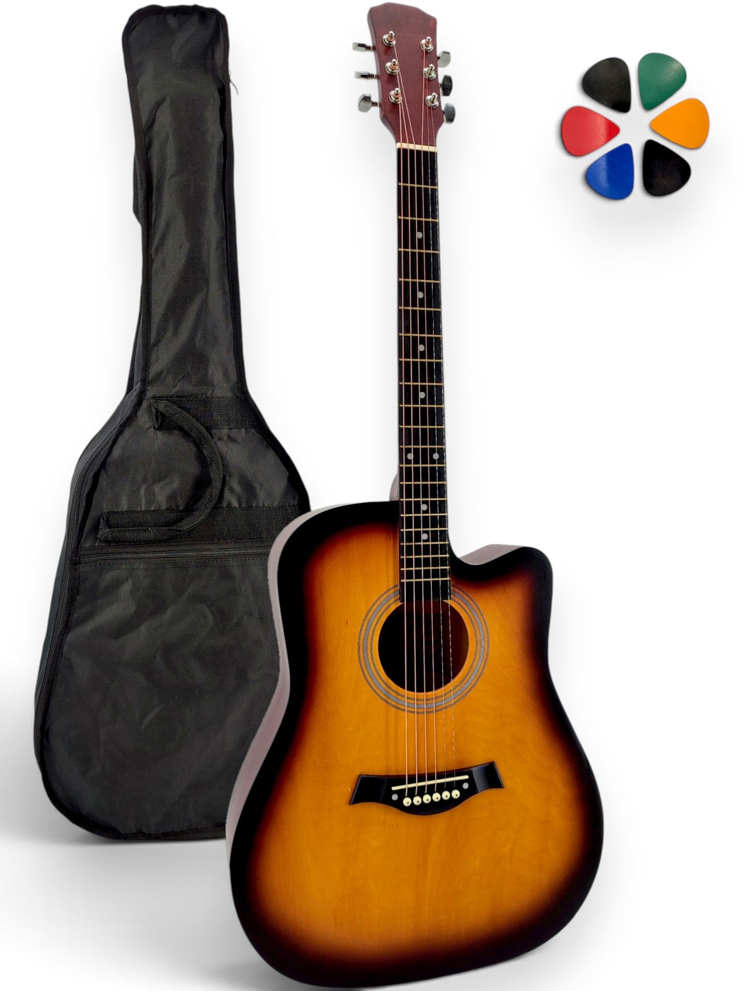 Pack guitare folk AMROVA avec housse et 6 médiators — coloris sunburst