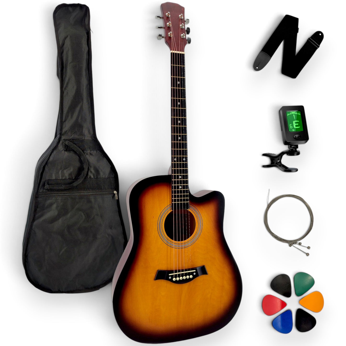 Pack guitare folk AMROVA — 6 accessoires essentiels, coloris sunburst