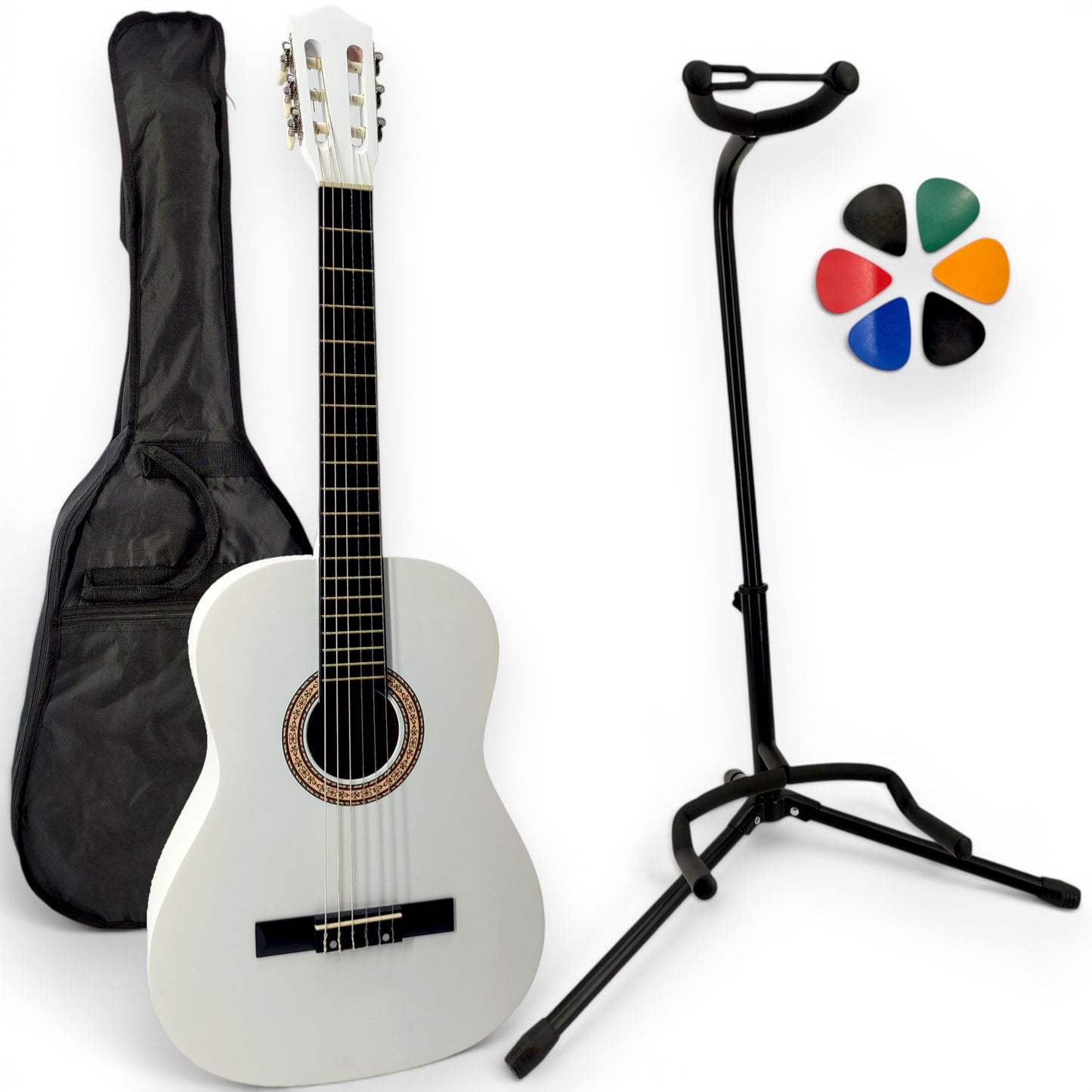 Guitare classique AMROVA avec housse et support au sol — coloris blanc