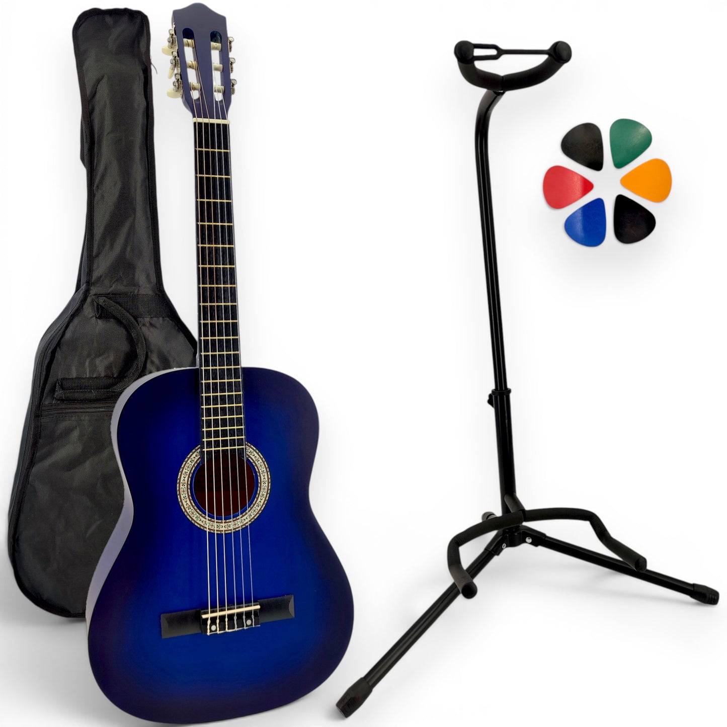 Guitare classique AMROVA avec housse et support au sol — coloris bleu
