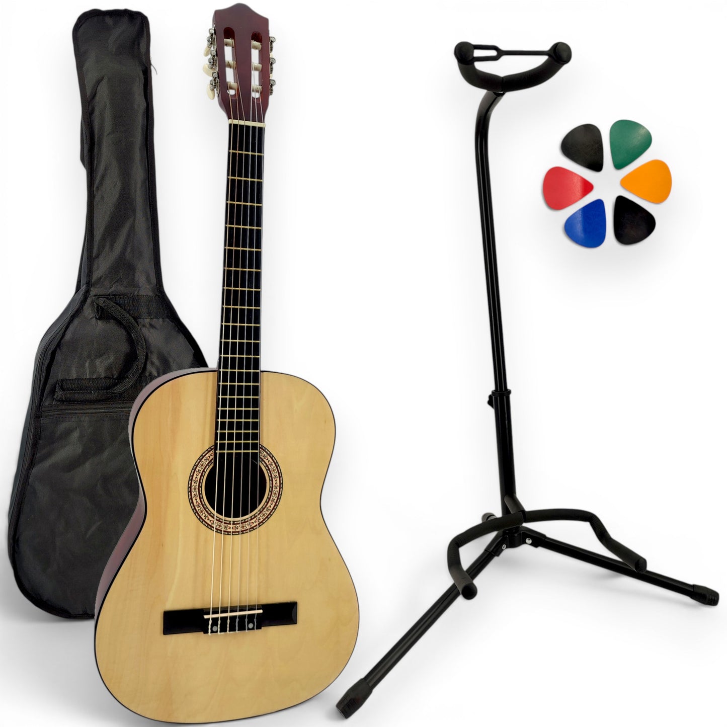 Guitare classique AMROVA avec housse et support au sol — coloris naturel
