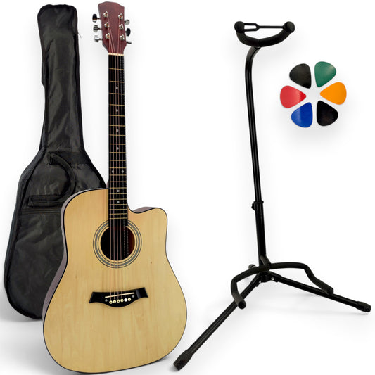 Pack guitare folk AMROVA avec housse, support au sol et 6 médiators — coloris naturel