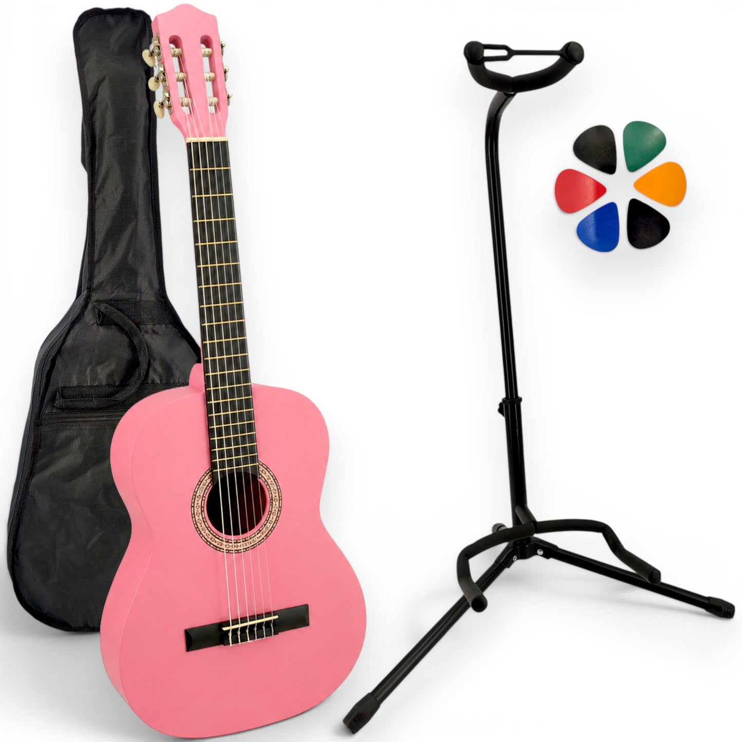 Guitare classique AMROVA avec housse et support au sol — coloris rose