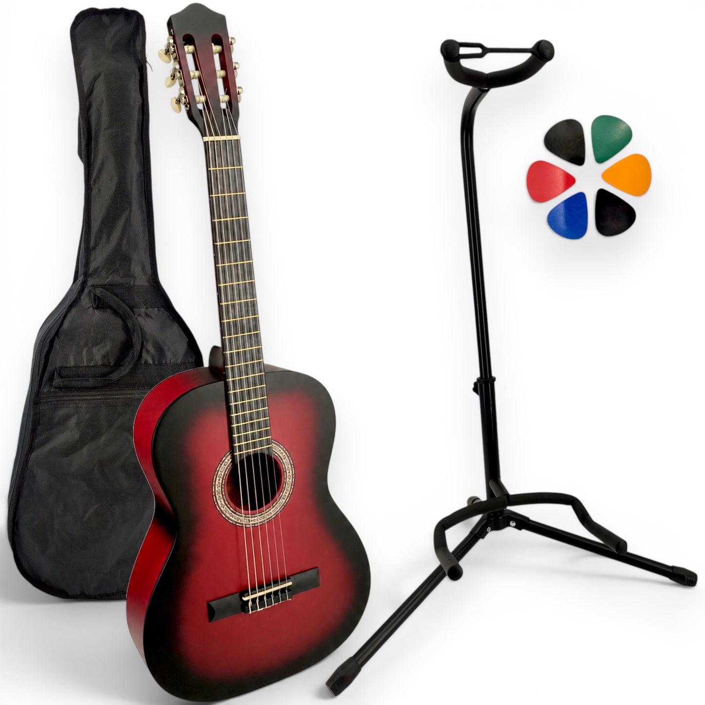 Guitare classique AMROVA avec housse et support au sol — coloris rouge
