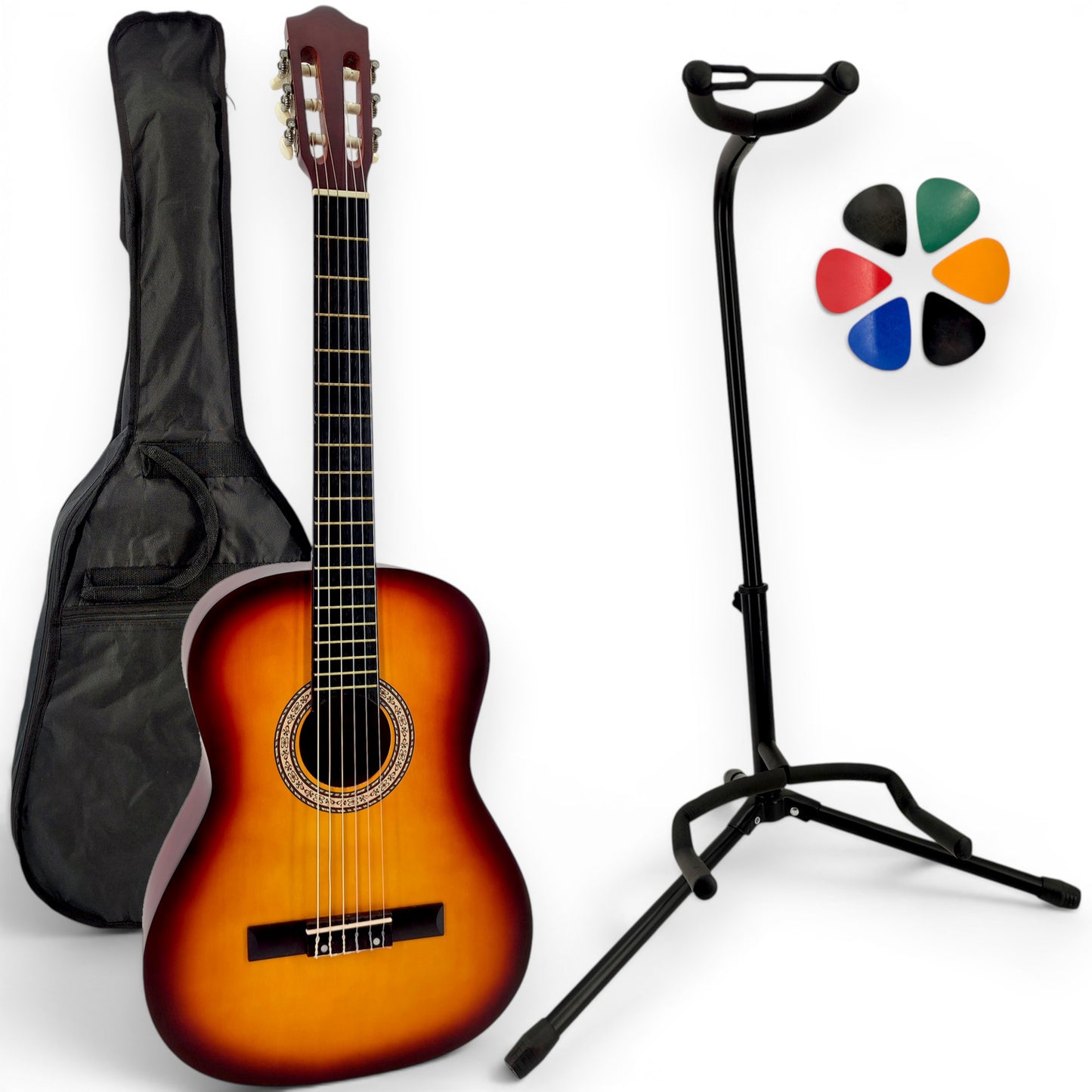Guitare classique AMROVA avec housse et support au sol — coloris sunburst