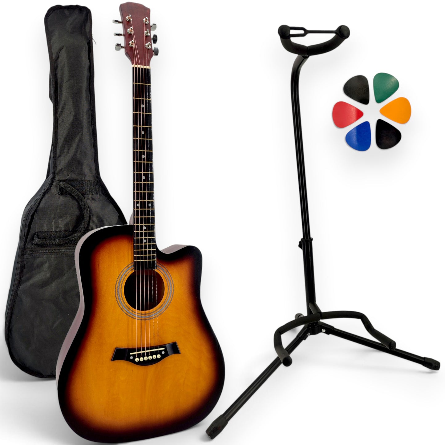 Pack guitare folk AMROVA avec housse, support au sol et 6 médiators — coloris sunburst