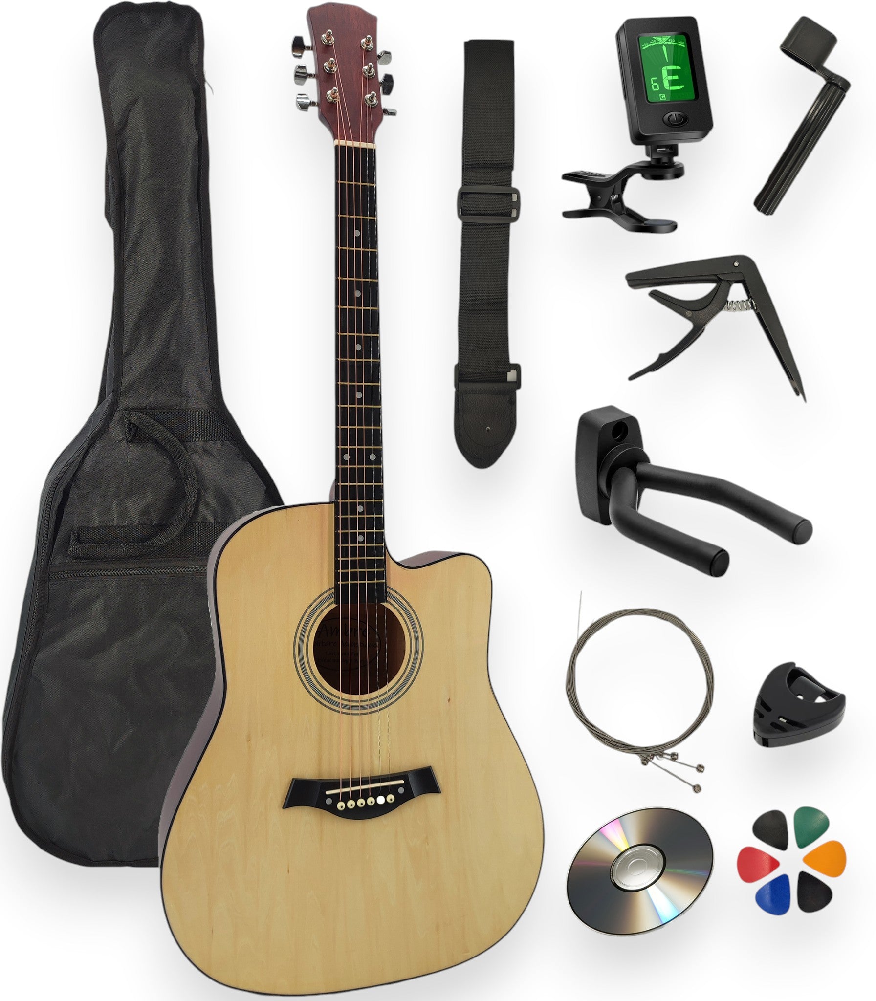 Pack guitare folk AMROVA — 11 accessoires + support mural, coloris naturel