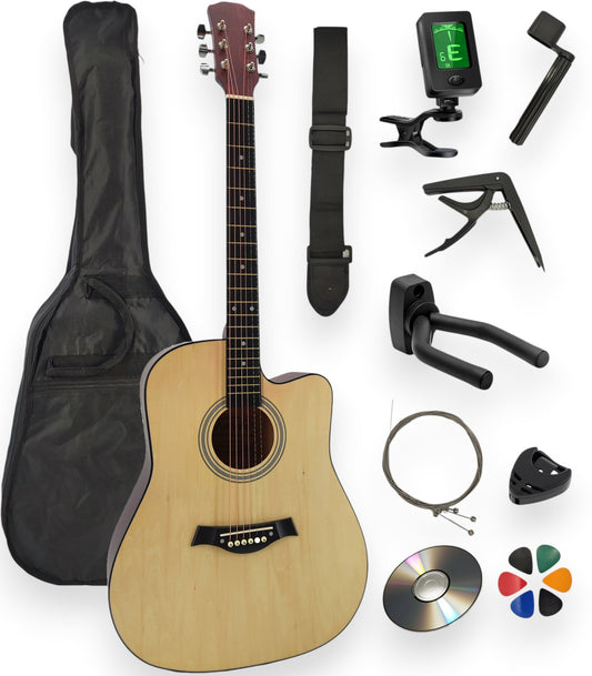Pack guitare folk AMROVA — 11 accessoires + support mural, coloris naturel