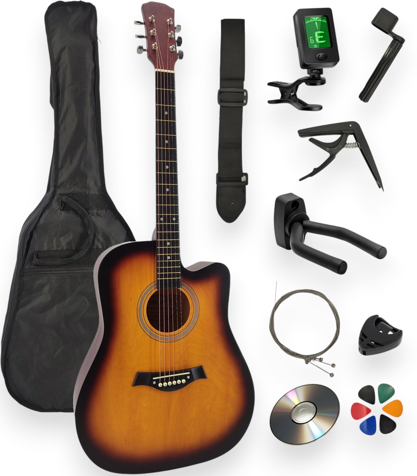 Pack guitare folk AMROVA — 11 accessoires + support mural, coloris sunburst