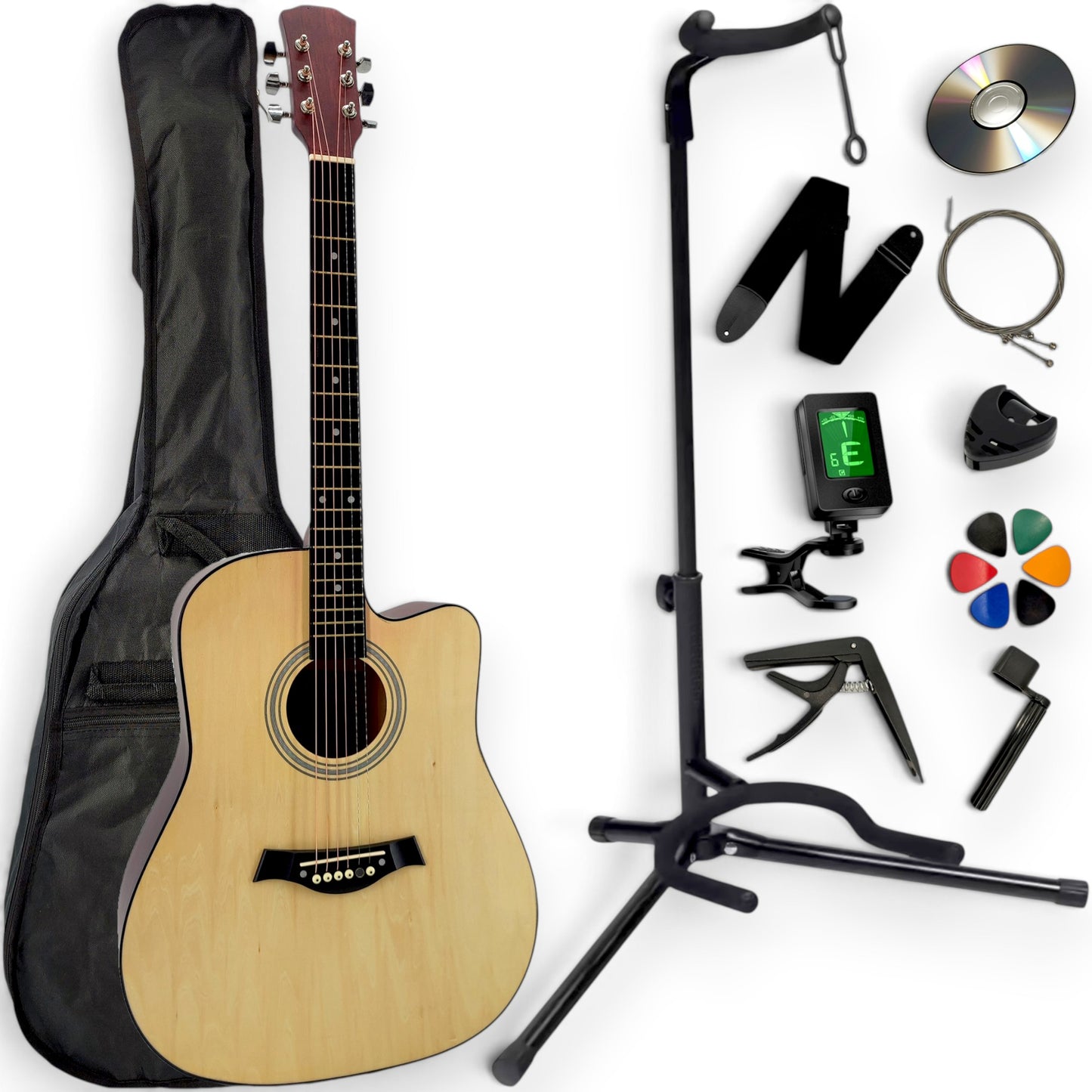 Pack guitare folk AMROVA — 11 accessoires + support au sol, coloris naturel