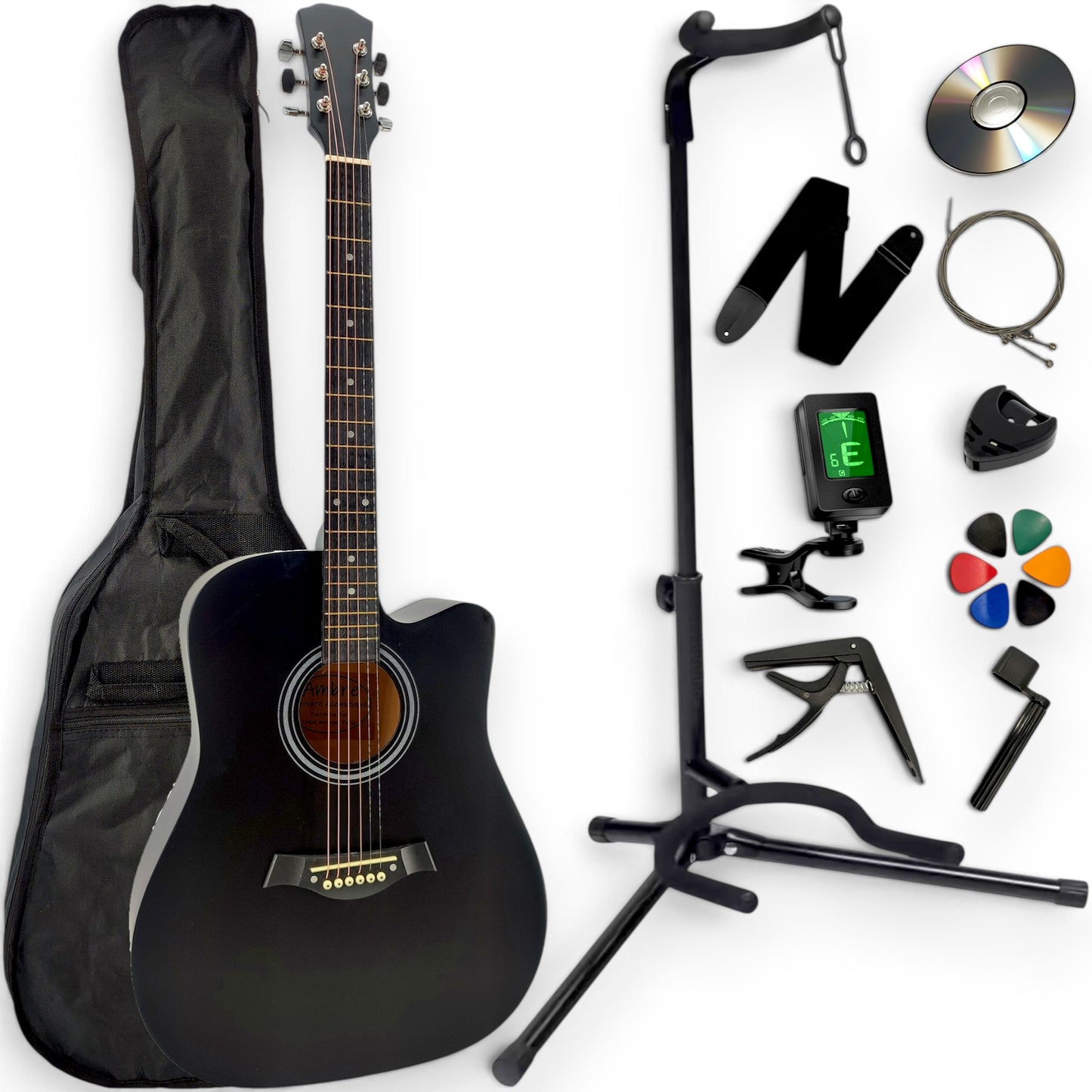 Pack guitare folk AMROVA — 11 accessoires + support au sol, coloris noir