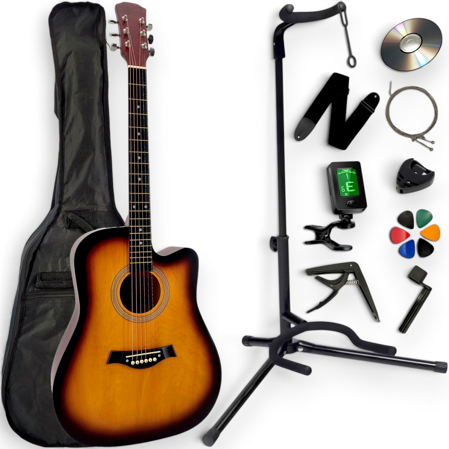 Pack guitare folk AMROVA — 11 accessoires + support au sol, coloris sunburst