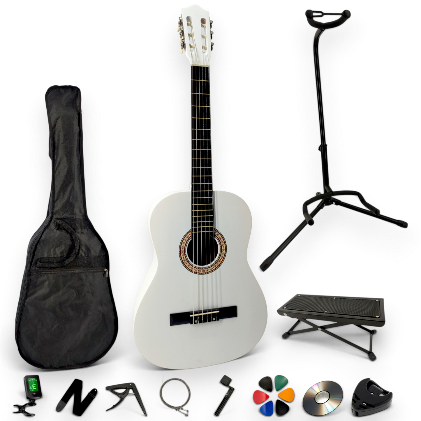 Guitare classique AMROVA — pack complet avec support au sol et repose-pied, coloris blanc