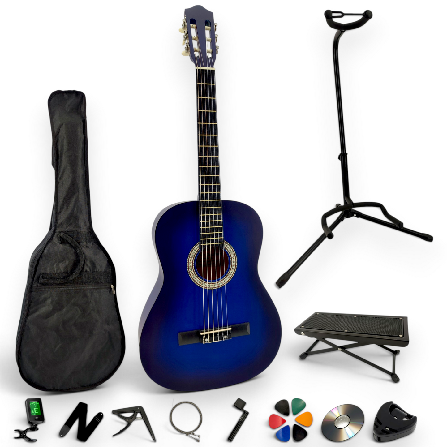 Guitare classique AMROVA — pack complet avec support au sol et repose-pied, coloris bleu