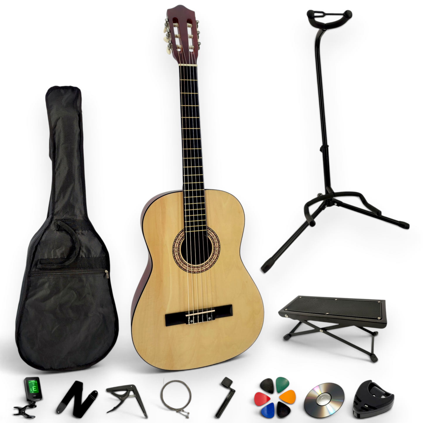 Guitare classique AMROVA — pack complet avec support au sol et repose-pied, coloris naturel