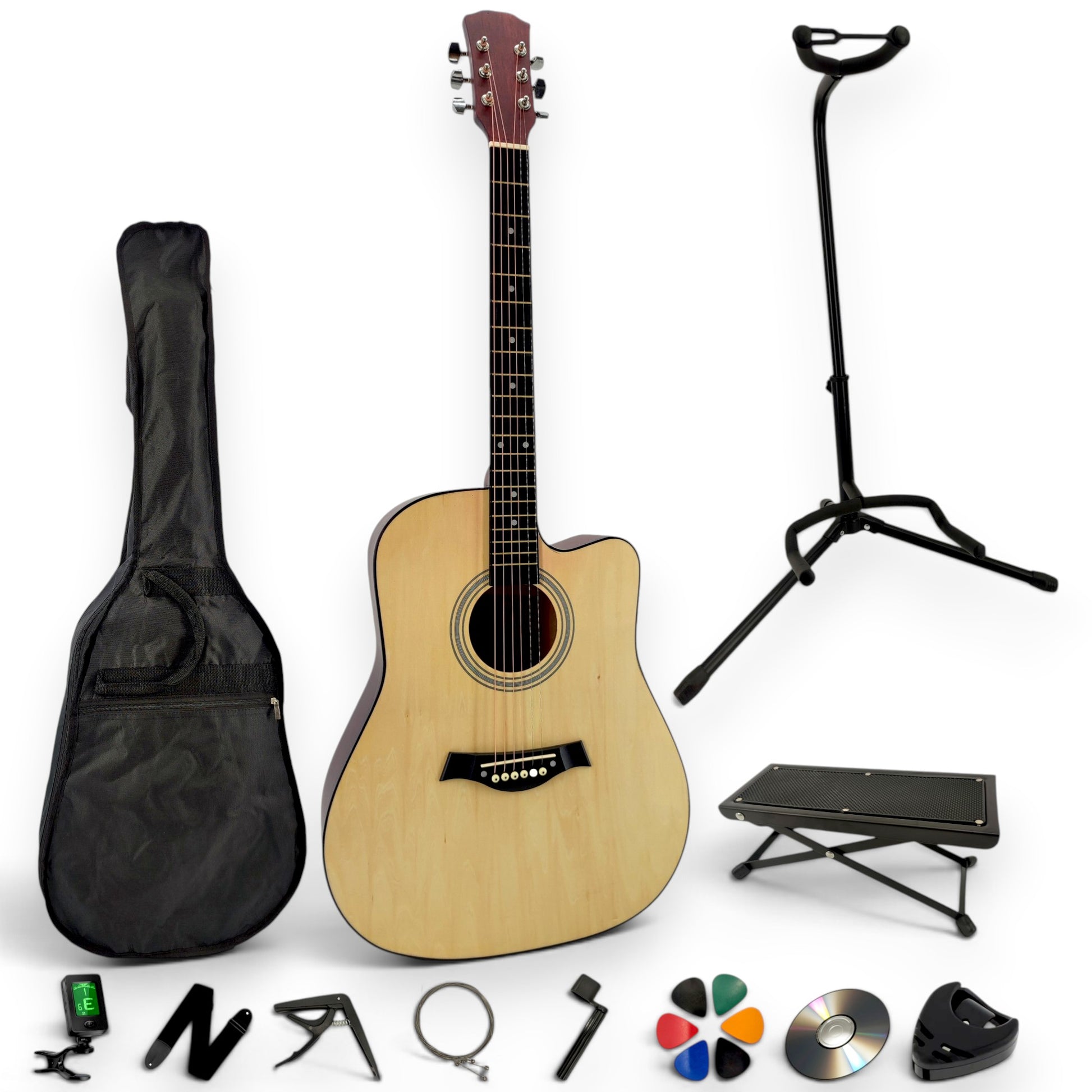 Pack guitare folk AMROVA — pack complet avec support au sol et repose-pied, coloris naturel