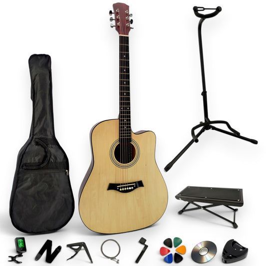 Pack guitare folk AMROVA — pack complet avec support au sol et repose-pied, coloris naturel