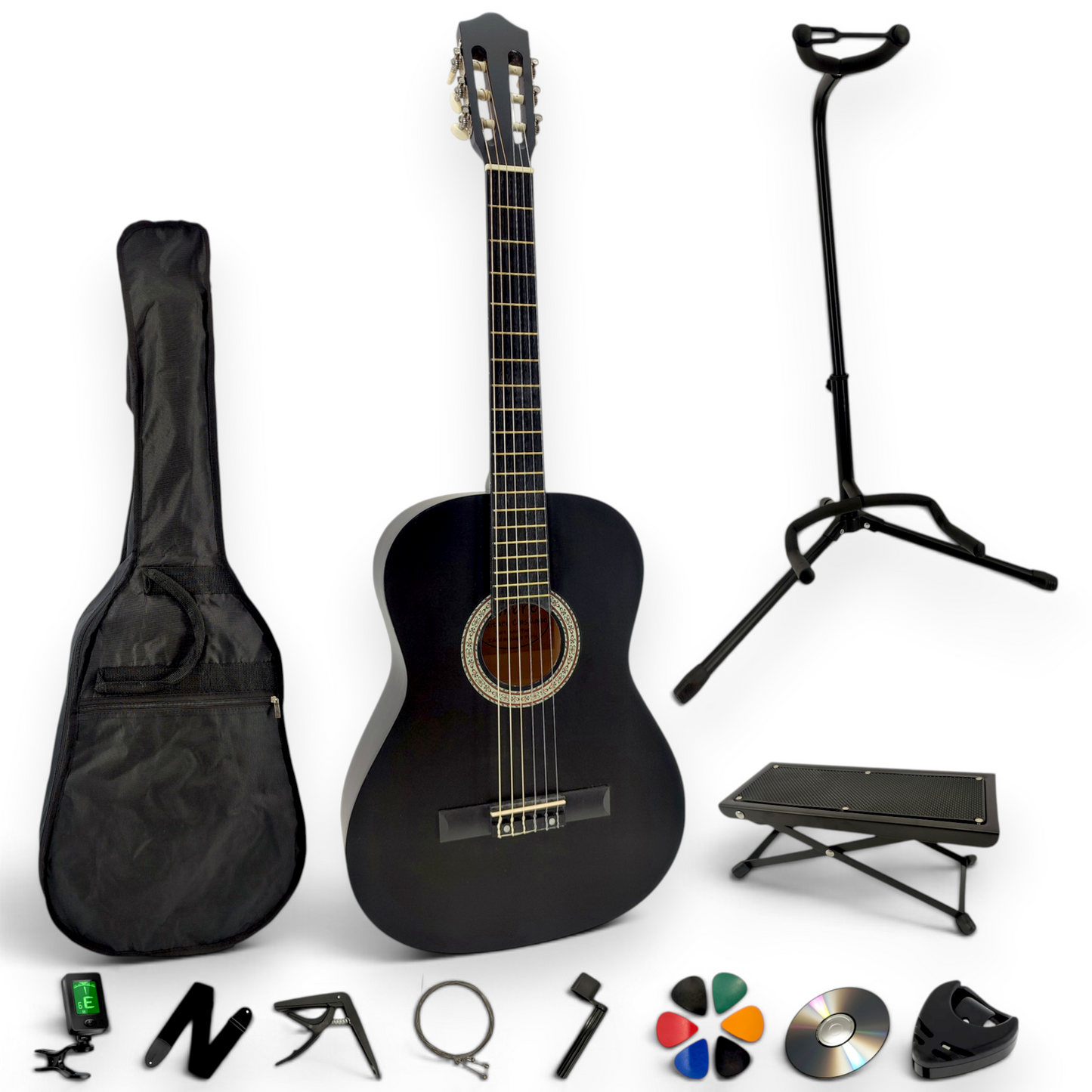 Guitare classique AMROVA — pack complet avec support au sol et repose-pied, coloris noir