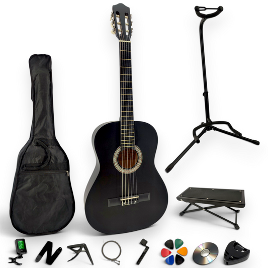 Guitare classique AMROVA — pack complet avec support au sol et repose-pied, coloris noir