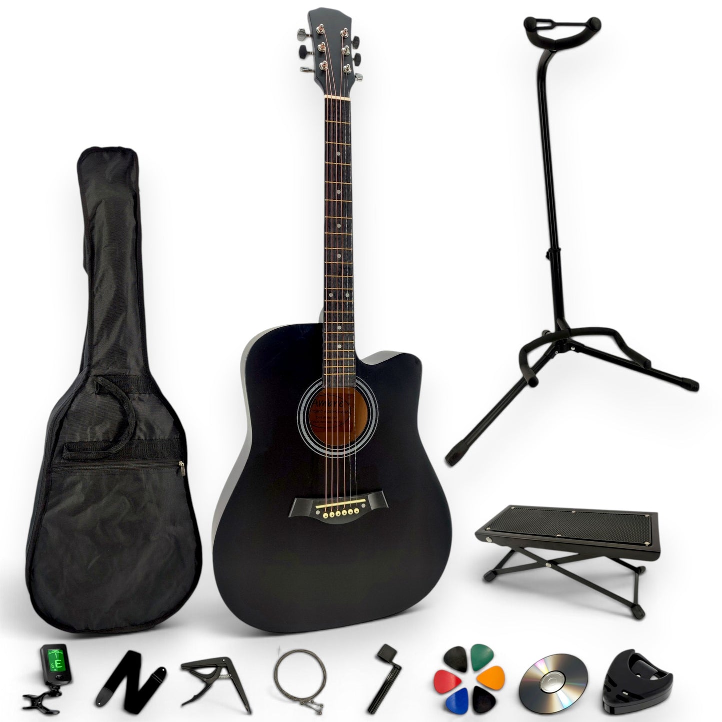 Pack guitare folk AMROVA — pack complet avec support au sol et repose-pied, coloris noir