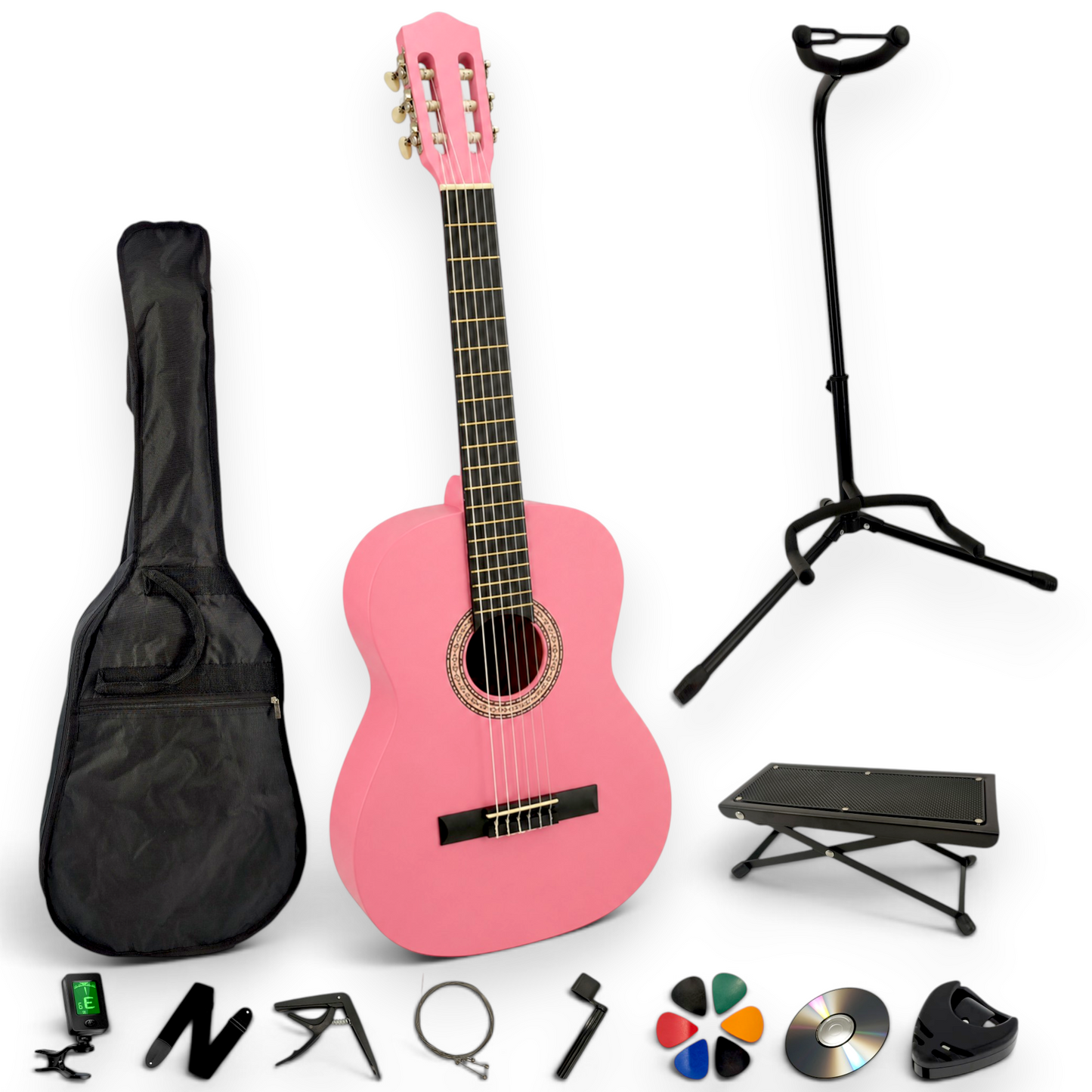 Guitare classique AMROVA — pack complet avec support au sol et repose-pied, coloris rose