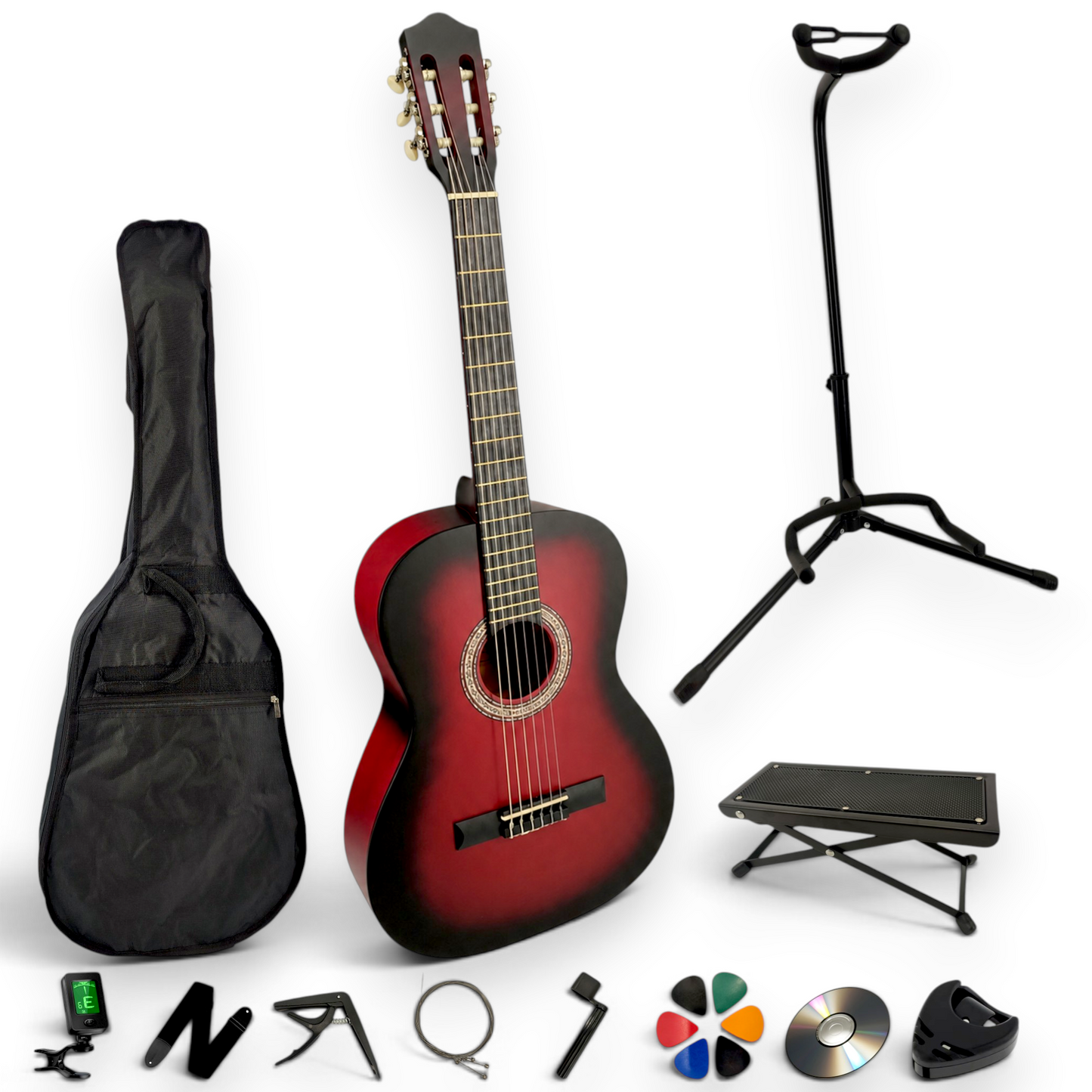 Guitare classique AMROVA — pack complet avec support au sol et repose-pied, coloris rouge