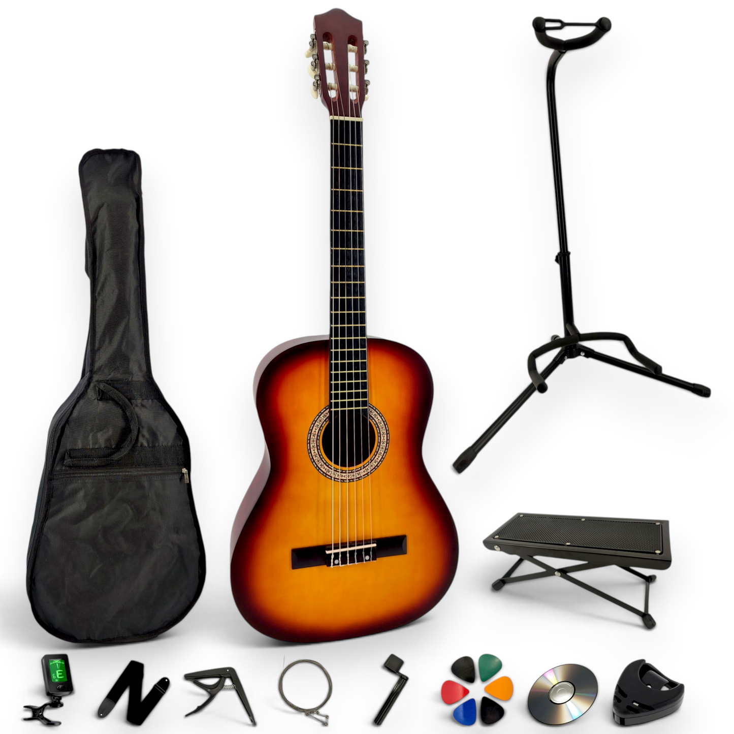 Guitare classique AMROVA — pack complet avec support au sol et repose-pied, coloris sunburst