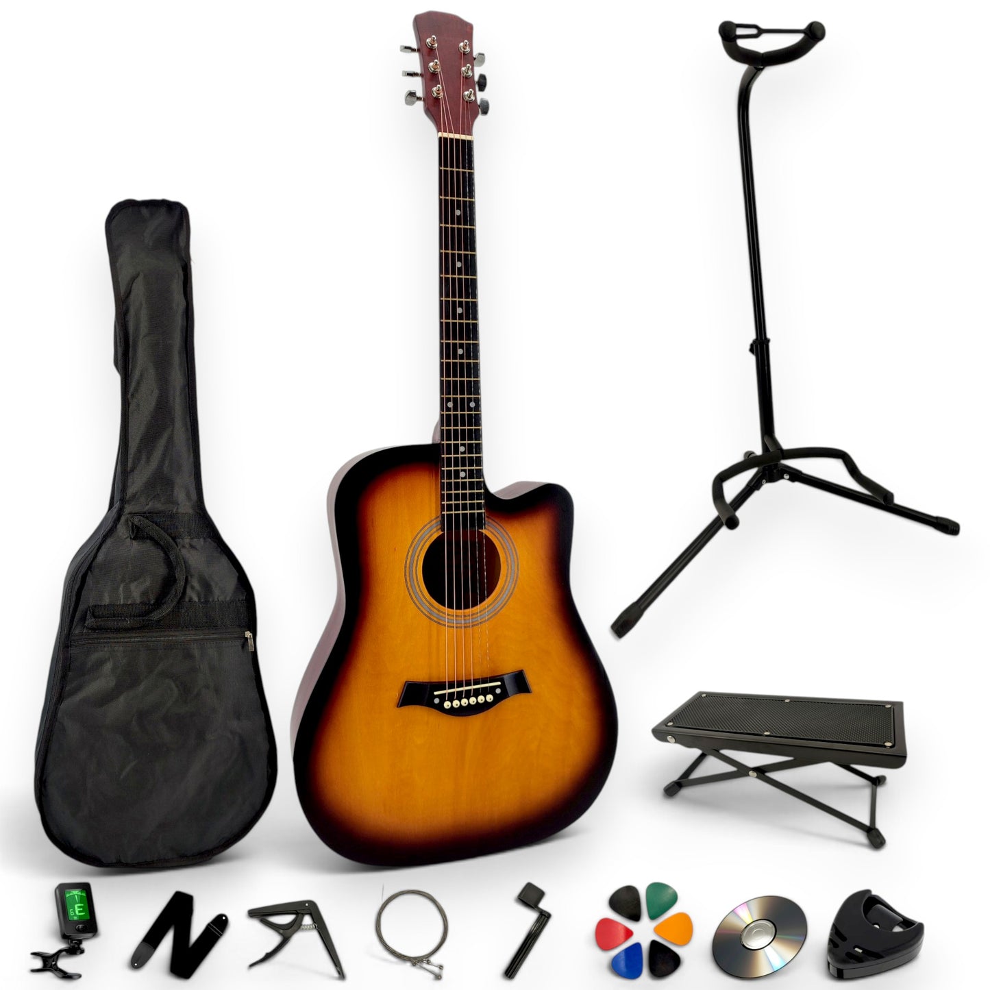 Pack guitare folk AMROVA — pack complet avec support au sol et repose-pied, coloris sunburst