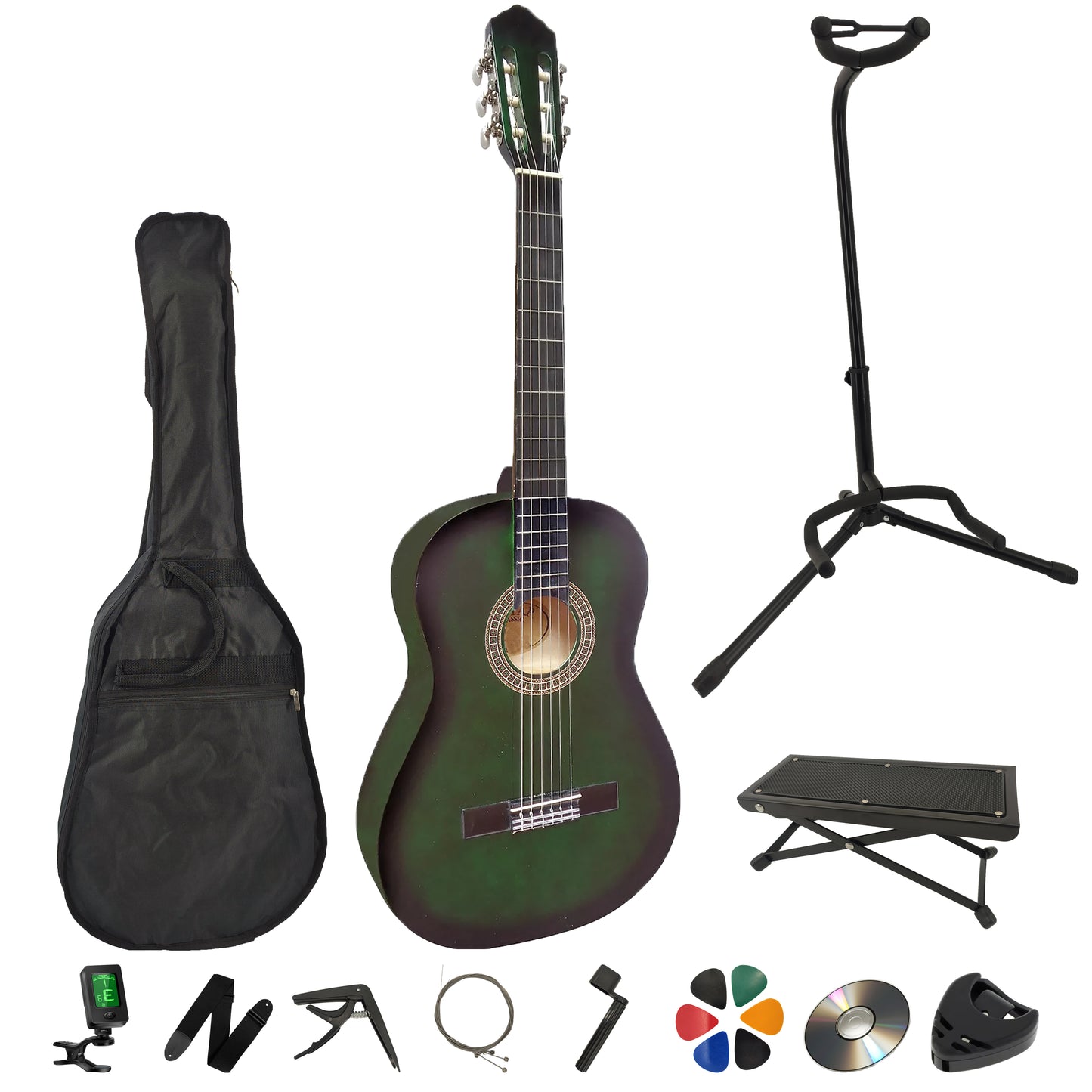 Guitare classique AMROVA — pack complet avec support au sol et repose-pied, coloris vert
