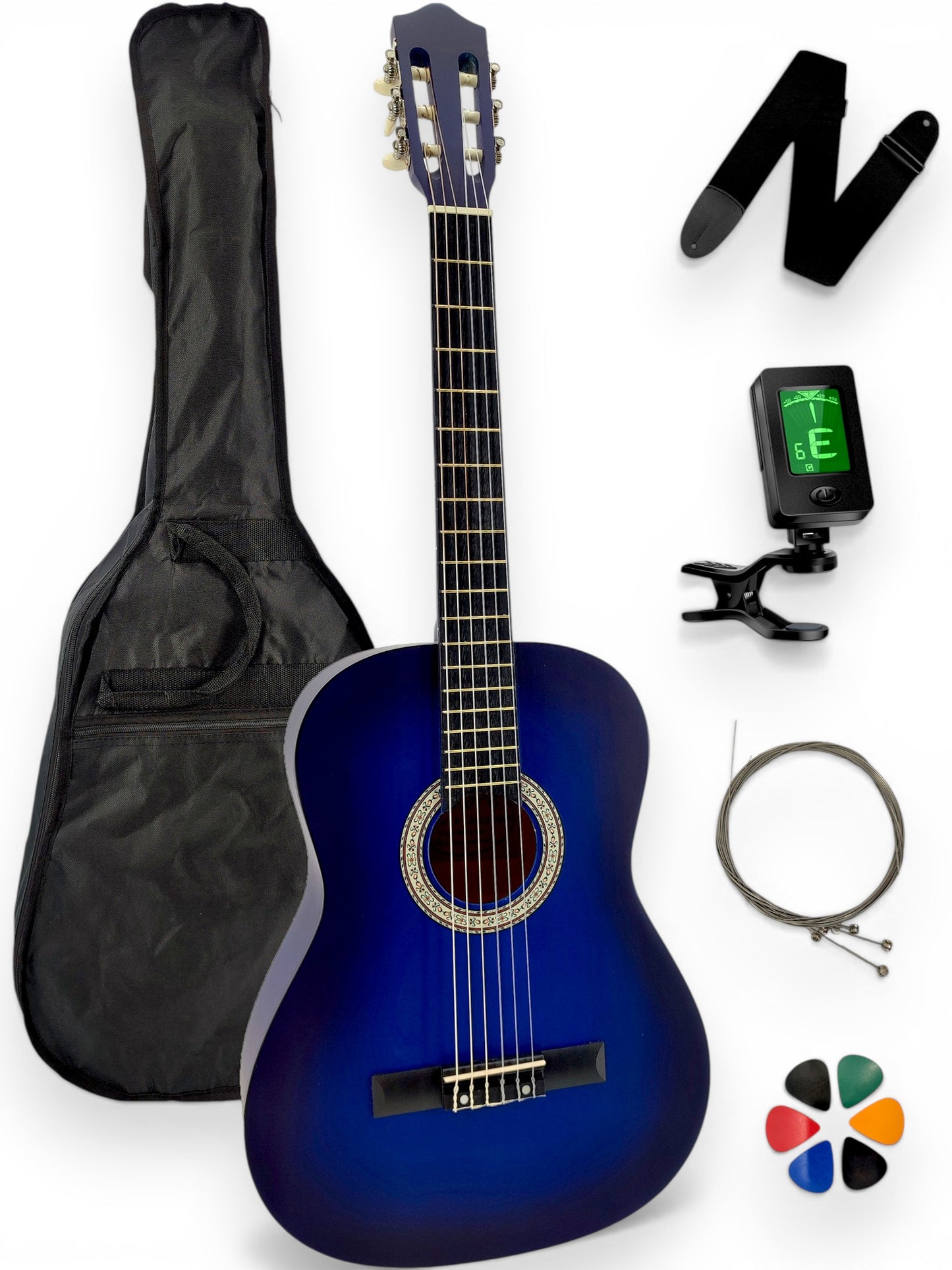 Guitare classique 4/4 AMROVA — pack 6 accessoires essentiels, coloris bleu