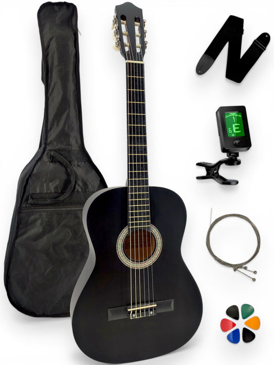 Guitare classique 4/4 AMROVA — pack 6 accessoires essentiels, coloris noir