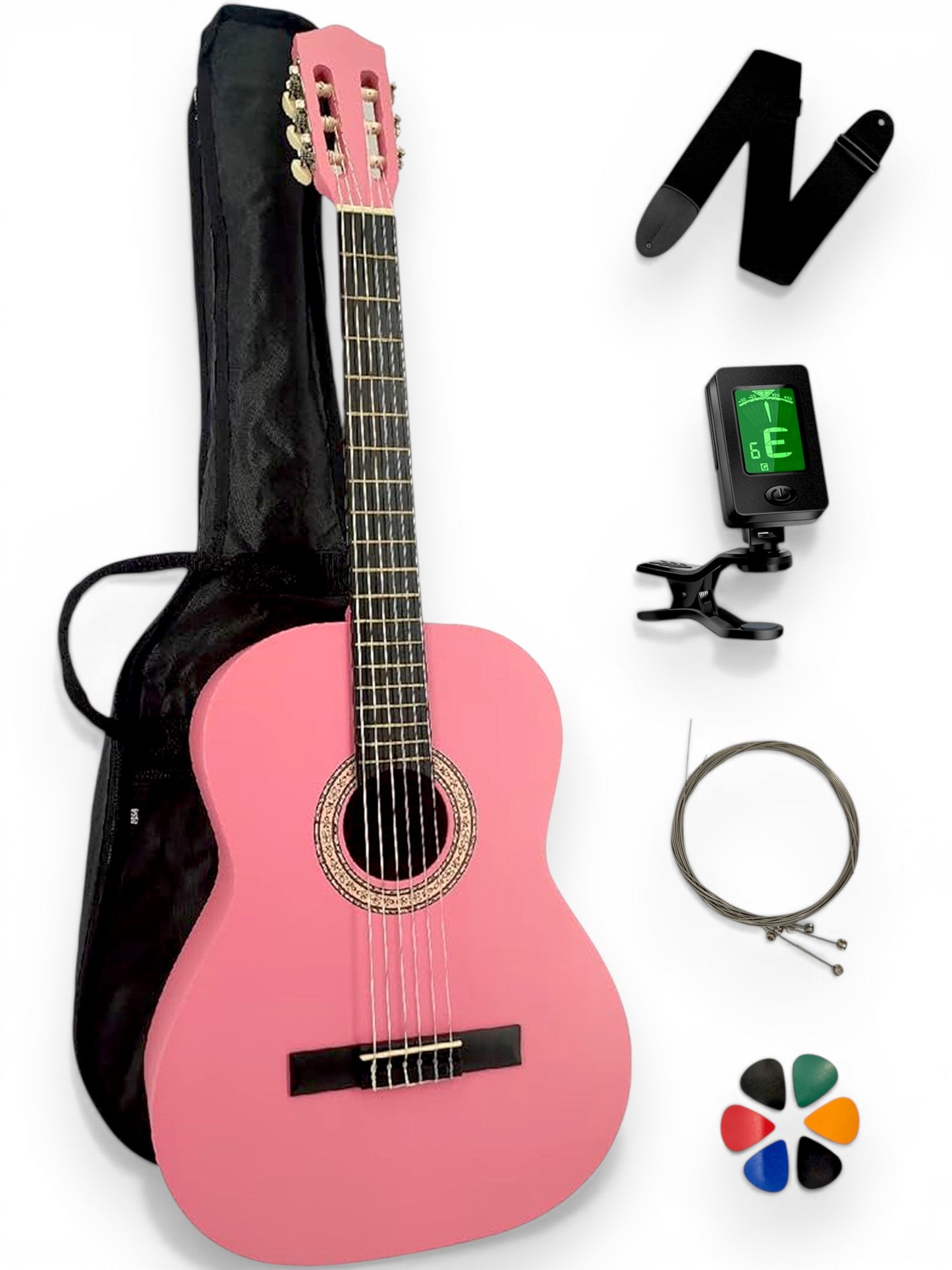 Guitare classique AMROVA — pack 6 accessoires essentiels, coloris rose
