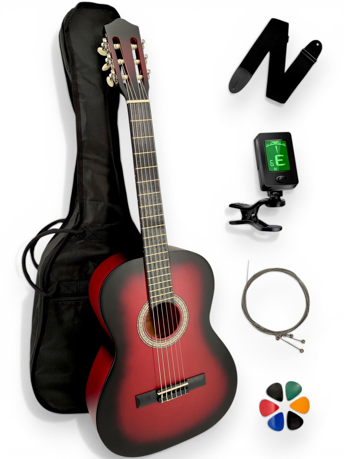 Guitare classique AMROVA — pack 6 accessoires essentiels, coloris rouge