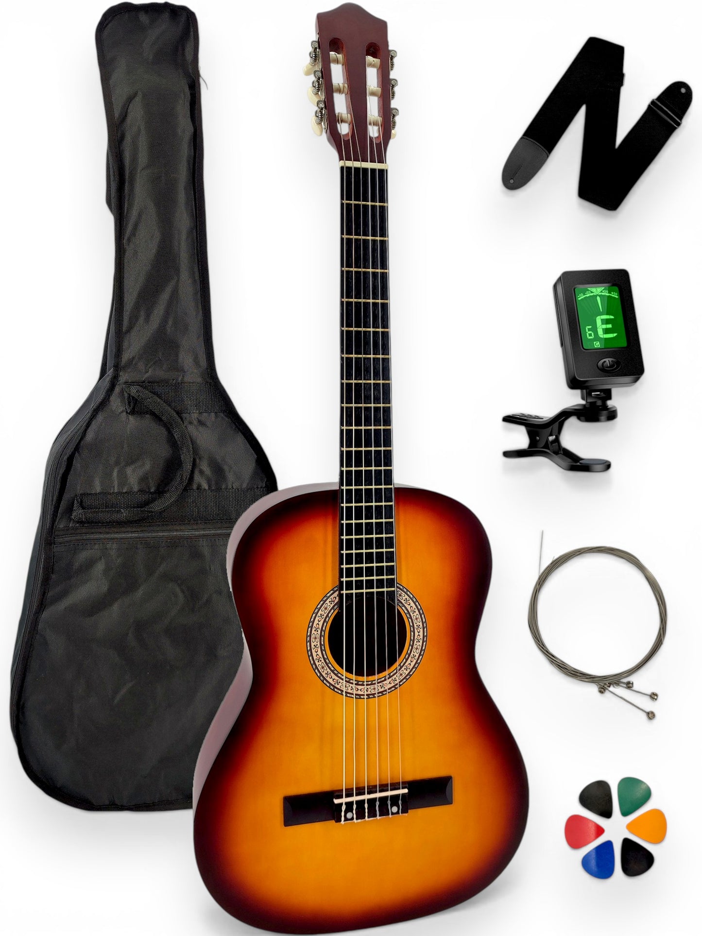Guitare classique AMROVA — pack 6 accessoires essentiels, coloris sunburst