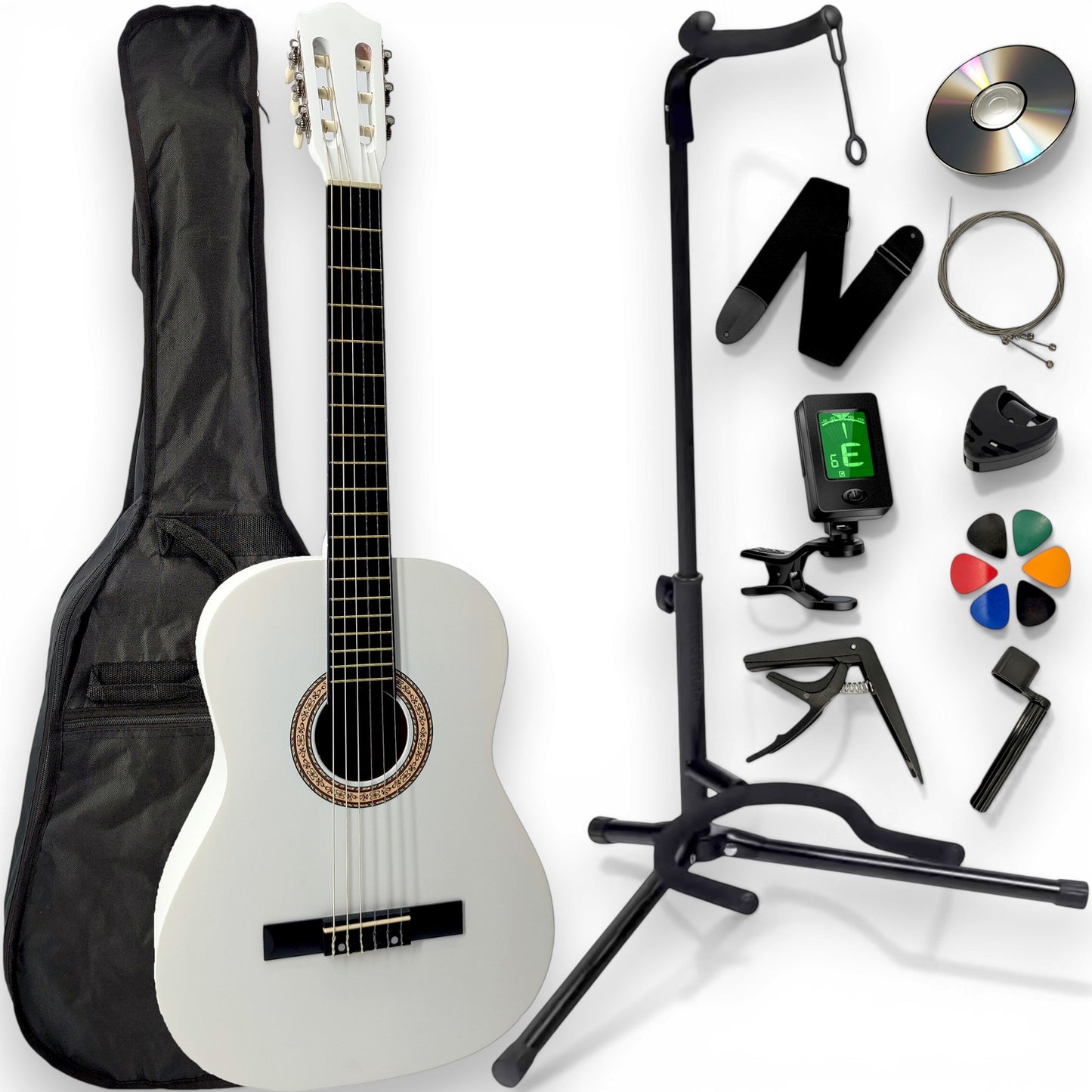 Guitare classique AMROVA — pack 11 accessoires avec support au sol, coloris blanc