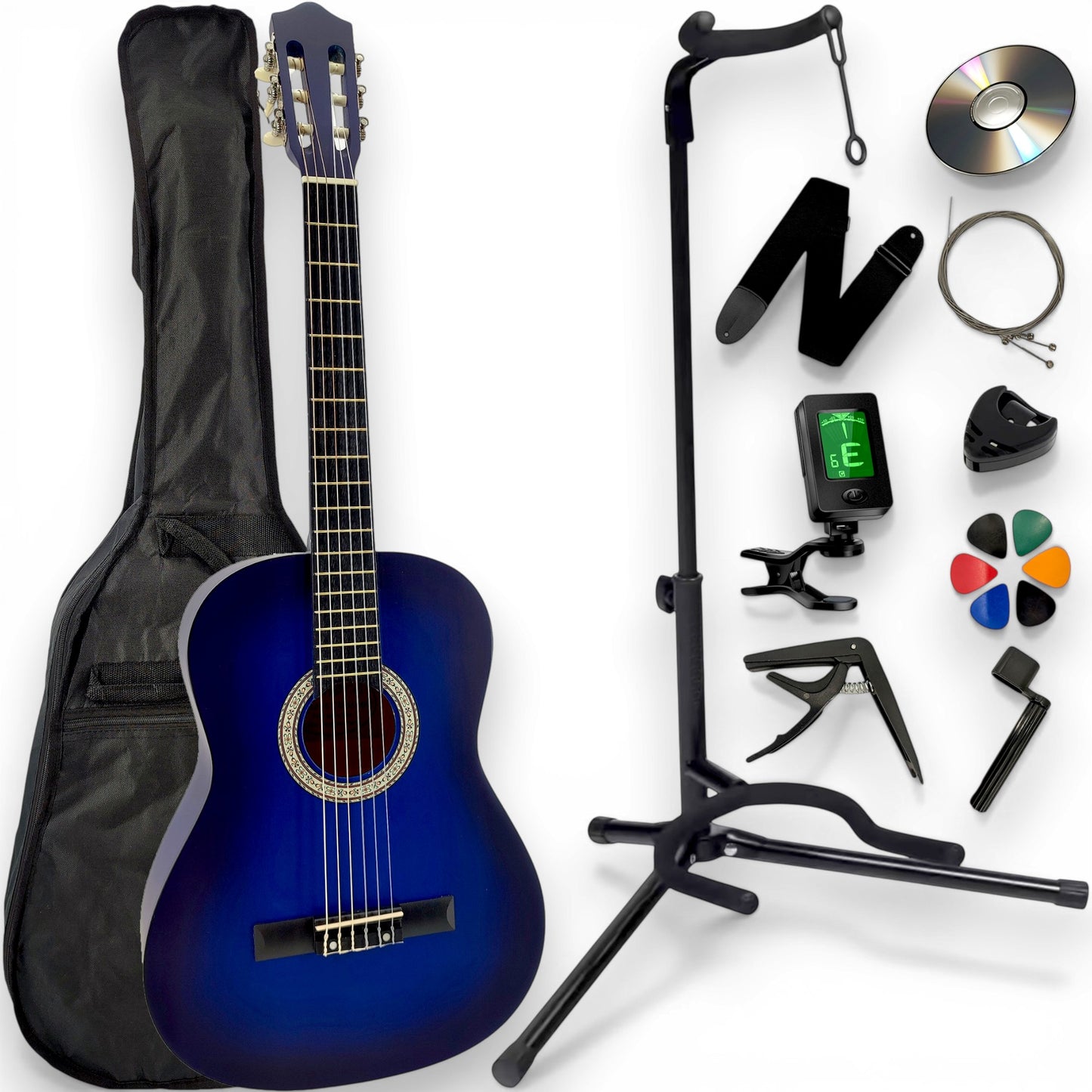 Guitare classique AMROVA — pack 11 accessoires avec support au sol, coloris bleu