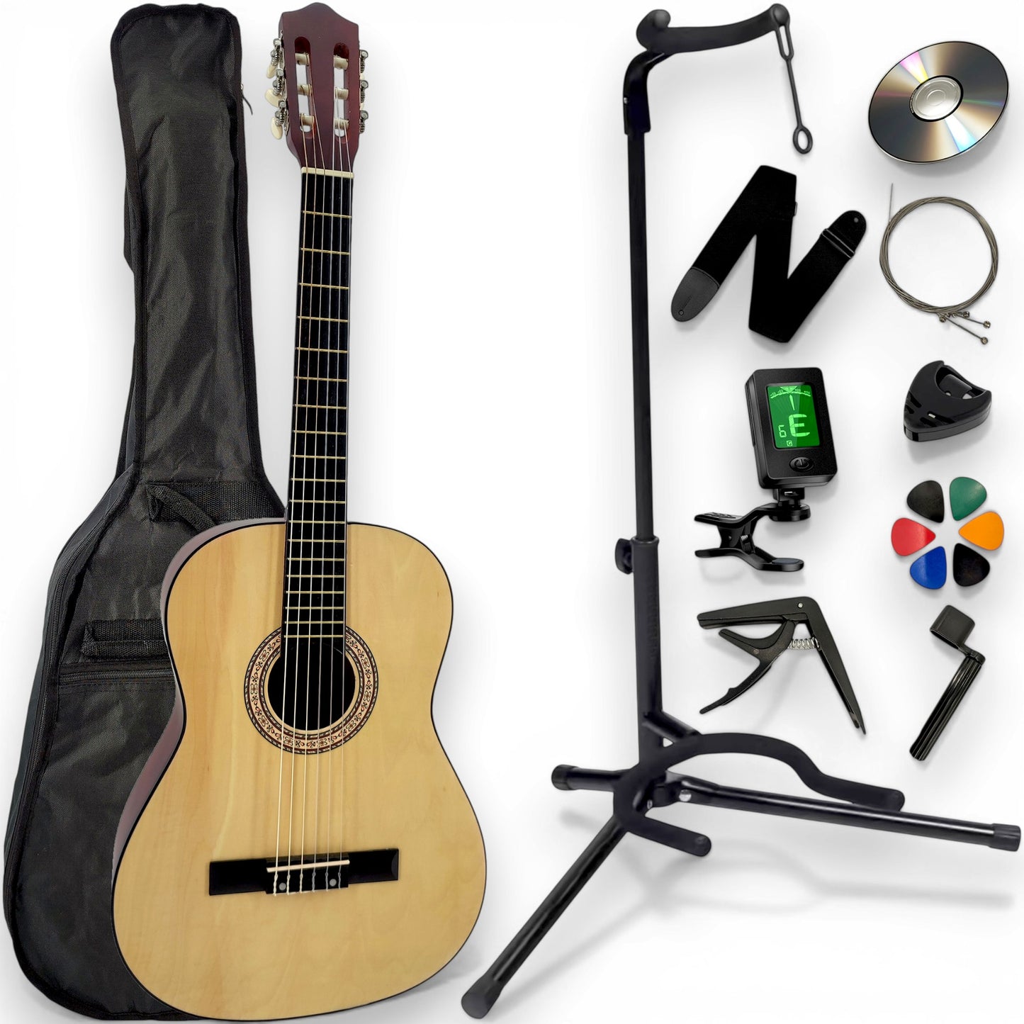 Guitare classique AMROVA — pack 11 accessoires avec support au sol, coloris naturel