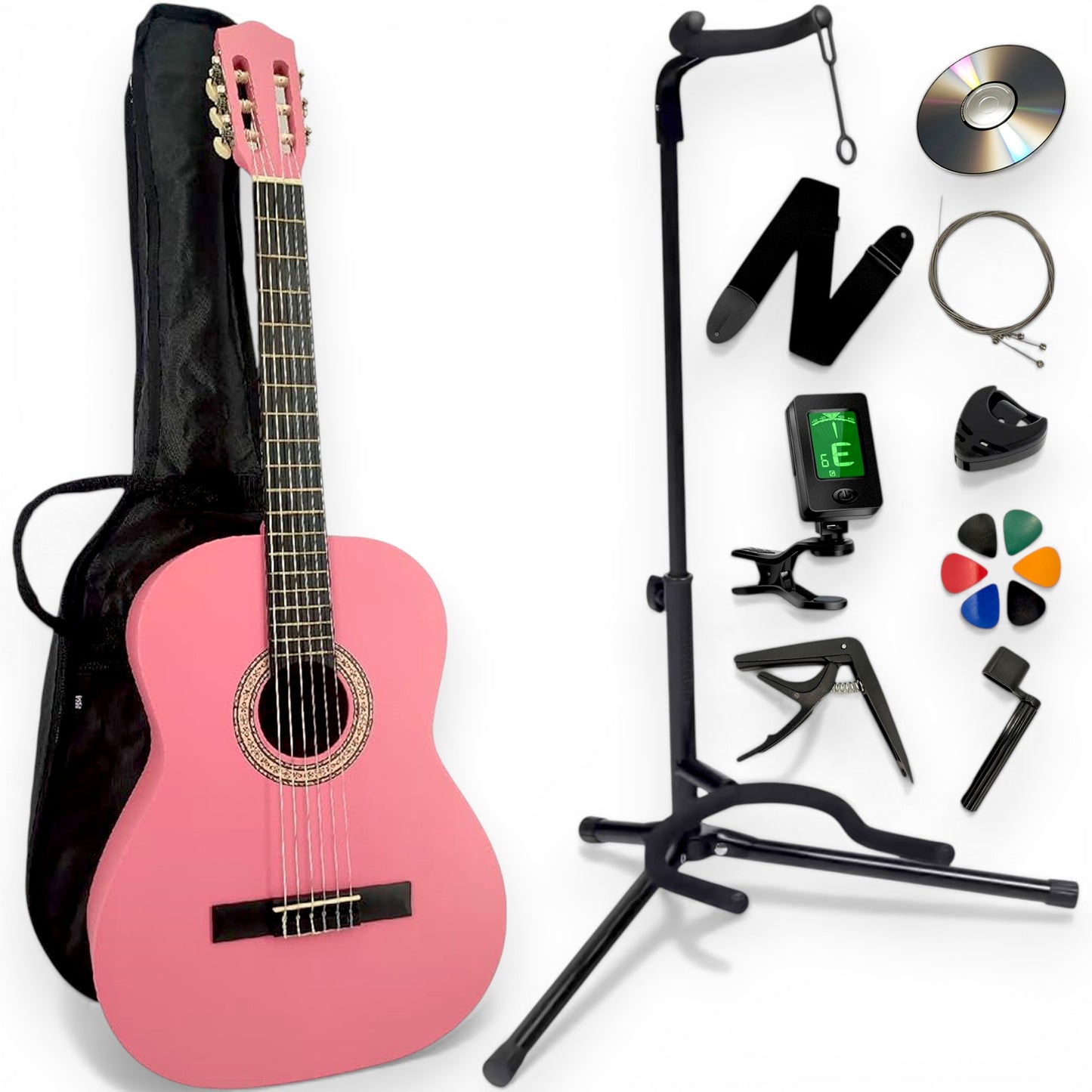 Guitare classique AMROVA — pack 11 accessoires avec support au sol, coloris rose