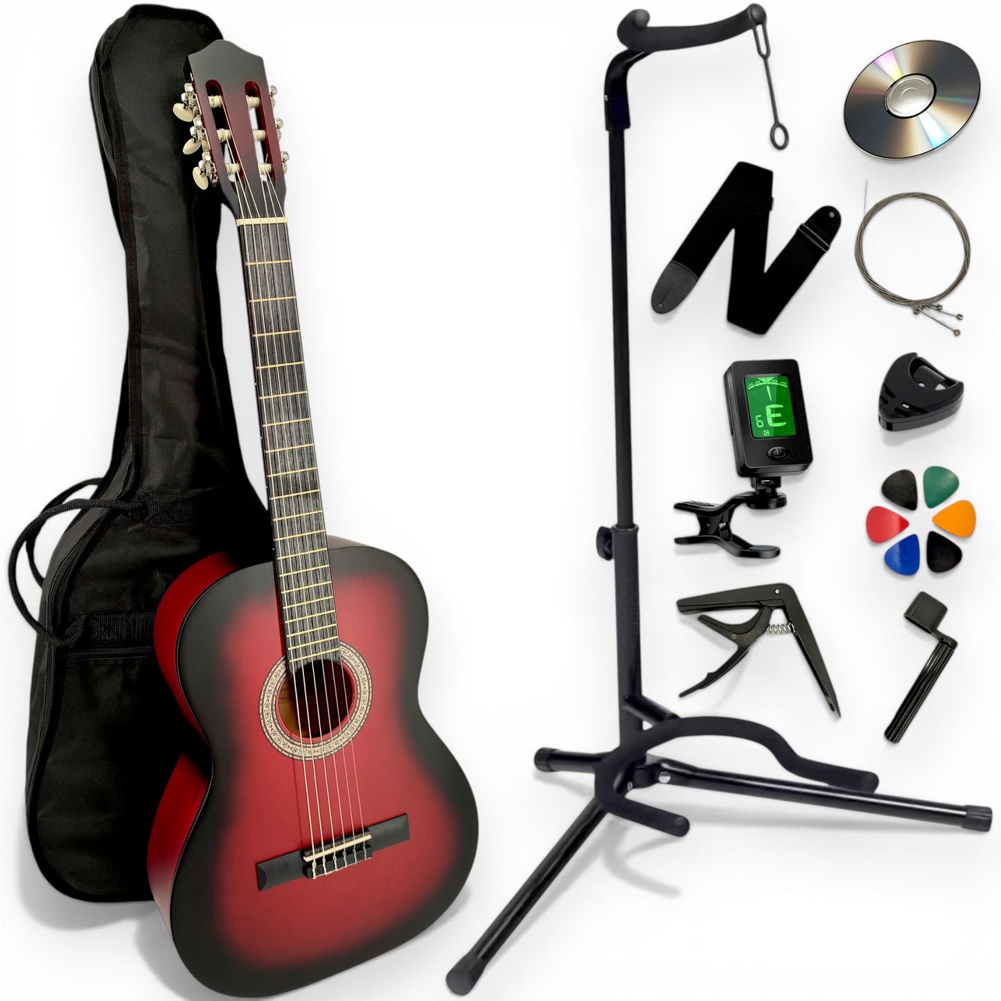 Guitare classique AMROVA — pack 11 accessoires avec support au sol, coloris rouge